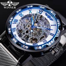 Winner Machanical часы модные стразы дизайн мужские часы Лидирующий бренд мужские часы синий циферблат черная сетка бизнес Erkek Kol Saati 2024 - купить недорого