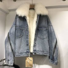 Casaco jeans com gola de pele de raposa natural, jaqueta feminina forrada com pelo de coelho, quente e grossa, para inverno, feminino, com zíper 2024 - compre barato