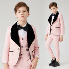 Flor meninos formal rosa terno crianças festa de aniversário casamento vestido blazer colete calças 3pcs criança smoking formatura desempenho traje 2024 - compre barato