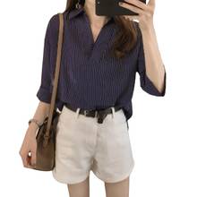 Blusa de manga larga para mujer, camisa de oficina con tiras verticales, cuello vuelto, 2020 2024 - compra barato