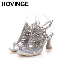 HOVINGE Silver Sandals Rhinestone Chunky Heel Genuine Leather Sexy Wedding Shoes Prom Evening Party Dress Shoes 2024 - buy cheap