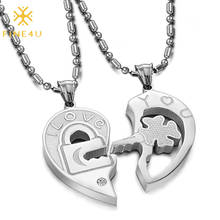 FINE4U N742 Stainless Steel His and Her Heart Lock Key Matching Puzzle Couples Pendant Necklace for Lovers Valentine's Day Gift 2024 - buy cheap