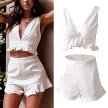 Conjunto de 2 piezas de ropa blanca para mujer, Sexy Top corto sin mangas con cuello en V, pantalones cortos con volantes de cintura alta, ropa para discoteca de playa 2024 - compra barato