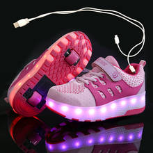 Детские светящиеся кроссовки с двумя колесами; цвет золотой, розовый светодиодный светильник; обувь для катания на роликах; детская обувь с подсветкой для мальчиков и девочек; Зарядка через USB 2024 - купить недорого