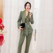 High quality fashion two-piece women's autumn new temperament Korean version of the light gas v-neck metal double-breasted suit 2024 - buy cheap