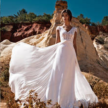 Boho Long Wedding Dresses Short Sleeve Lace V-Neck Chiffon Floor Length Bohemian Wedding Gowns Backless Bridal Dress Open Back 2024 - buy cheap