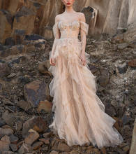 Женское вечернее платье SSYFashion, романтичное платье цвета шампанского с открытыми плечами и кружевной аппликацией, длинное пляжное платье с блестками, бальное платье 2024 - купить недорого