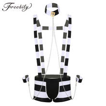 Men Adults Prisoner Costume Role Play Halloween Cosplay Lingerie Set Striped Suspender Boxer Shorts +Hat Collar + Wristbands 2024 - buy cheap