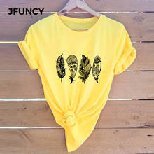 JFUNCY размера плюс футболка с принтом перьев женская летняя футболка оверсайз Женская хлопковая футболка с коротким рукавом Топ Женская Повседневная футболка 2024 - купить недорого