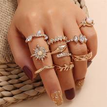 Conjunto de anéis de cristal vintage para mulheres, 9 tamanhos, estrela, sol, cobra, folha, anel articulado, boêmio, moda, acessórios de joias de praia 2024 - compre barato