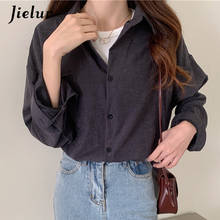 Jielur Осенние однотонные рубашки женские блузки ретро топы свободная рубашка с длинным рукавом женская простая верхняя одежда женская блуза с карманами 2024 - купить недорого