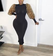 Mesh Leopard Puff Sleeve Dress Women Mid-calf Long Sleeve Bodycon Plus Size Sexy Club Slim Dress 2024 - buy cheap