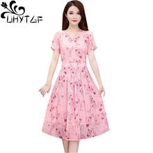 UHYTGF Elegant mom summer dress fashion printed thin chiffon dress V-neck pullover short sleeve slim plus size dresses women 834 2024 - buy cheap