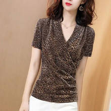 Blusa feminina manga comprida lantejoulas gola v leopardo, camisa feminina estilo primavera verão elegante coreana dd8769 2024 - compre barato