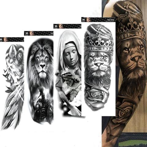 Buy Large Arm Sleeve Tattoo Lion Crown King Rose Waterproof Temporary Tatoo Sticker Wild Wolf Tiger Men Full Skull Totem Tatto In The Online Store White Shiny Teeth Store At A