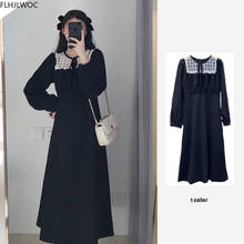 Coreano fenimine vestidos femininos moda retalhos laço branco laço laço uma linha elegante preto longo vestido d1086 2024 - compre barato