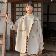 Женское Полушерстяное пальто цвета хаки, свободное элегантное милое универсальное офисное пальто с поясом в Корейском стиле для студентов, зимняя верхняя одежда 2024 - купить недорого