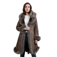 Кожаная куртка с мехом кролика, пальто с подкладкой, воротник из лисьего меха, длинное меховое пальто для женщин, Зимняя мода, теплое пальто большого размера плюс 2024 - купить недорого