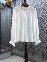 Blusa blanca de manga larga para verano, camisa informal de retales con encaje calado, de alta calidad, a la moda, 2021 2024 - compra barato