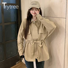 Trytree 2020 Autumn Women's Trench Coat Solid Khaki Turn-down Collar Zipper Pockets Belt Casual Loose Women's Windbreaker 2024 - buy cheap