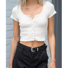 Women Scoop Neck Button Down Fitted Ribbed Crop Top Crop Tee 2024 - buy cheap