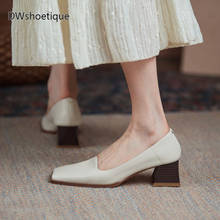 Dedo do pé quadrado mulher vestido sapatos de salto grosso couro genuíno deslizamento em sapatos senhora do escritório 2024 - compre barato