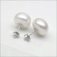 14K Solid White Gold 13-14MM White Genuine Freshwater Button Pearl Stud Earrings 2024 - buy cheap