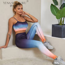 Conjunto de roupa esportiva feminina com estampa degradê, para ginástica, corrida, treino, conjunto de top e calça legging 2024 - compre barato