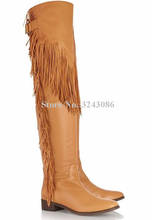 New Fringe Woman Flat With Long Boots Black Yellow Leather Tassels Over the Knee Boots Lady Large Size Casual Shoes Dropship 2024 - buy cheap