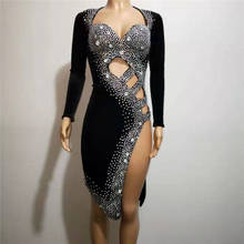 Sexy Silver Rhinestones Black Costume Latin Dance Dress Outfit Stage Wear Birthday Prom Show Stretch Dress DJ Gogo Dance Costume 2024 - buy cheap