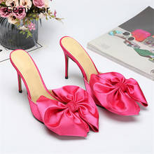 Sapato feminino com laço borboleta, calçado mulas de salto alto fino com detalhe de rosa doce 2024 - compre barato