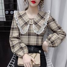 Lolita camisa xadrez vintage para primavera, feminina grande, manga comprida, blusa feminina para outono 2024 - compre barato