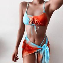 Sexy Women 3 Piece Tie Dye Print Swimsuit Bikinis Sling Crop Top+Knot Skirt+Thong Underpants Bikini Set Bathing Suit Swimwear 2024 - buy cheap