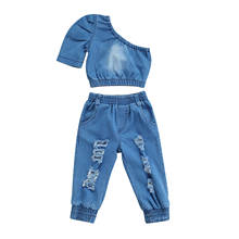 Conjunto de roupas infantis 1-6 anos azul jeans, conjunto com mangas curtas de um ombro e calças 2 peças da moda para crianças verão 2024 - compre barato