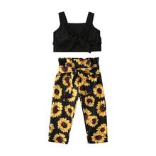 Conjunto de Ropa para Niñas pequeñas de 1 a 6 años, chaleco con lazo negro, Tops, pantalones de girasol con lazo, trajes de verano para niños, trajes de flores 2024 - compra barato