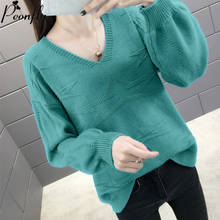 PEONFLY 2019 Autumn Winter Loose V Neck Pullover Sweater Women Jumper Korean Long Sleeve Knitted Sweater Female Green Blue Pink 2024 - buy cheap