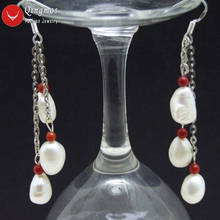 Qingmos-pendientes de perlas blancas naturales para mujer, aretes colgantes barrocas de 7-9mm de perlas blancas de agua dulce y Coral rojo, joyería de 3" 2024 - compra barato