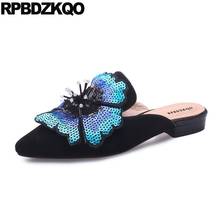 Mules outono primavera bling lantejoulas único sapatos brilho 11 casamento 10 chinelos floral apontou toe flor frisado feminino tamanho grande 2024 - compre barato