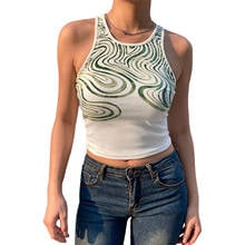 Top curto de verão feminino, camisola estampada com gola redonda sem mangas tops azul escuro verde 2024 - compre barato