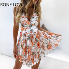 Mini vestido floral plissado, elegante vestido de verão com decote em v, alça espaguete, costas abertas 2024 - compre barato