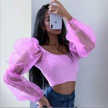 Fashion Women Summer Sexy Long Sleeves Mesh Spliced Blouses Puff Sleeve Tops Sexy Vintage Shirt Women 2024 - buy cheap