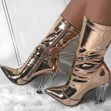 Sexy Pointy Clear Chunky Heels Women High Boots Gold Silver Patent Leather Square Heels Short Booties Women Dress Shoes 2024 - buy cheap