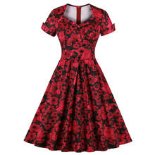 Verão retro 50s 60s swing uma linha vestido feminino roupas femininas vermelho floral impresso rockabilly vestidos de festa túnica do vintage 2024 - compre barato