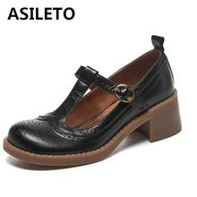ASILETO-zapatos de piel auténtica para mujer, calzado Oxford con punta redonda y Correa en T, tacones cuadrados de 5cm, 2021 2024 - compra barato