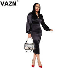 VAZN 2020 Autumn Top Quality Classic Black Young Sexy Daily Sweet Regular Full Sleeve Free Women High Waist Thin Midi Dress 2024 - buy cheap