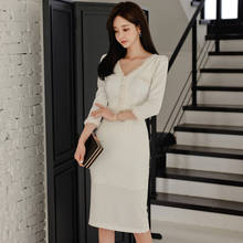 new arrival fashion women elegant pearl pencil dress korean style v-neck high waist temperament office lady slim white dress 2024 - buy cheap