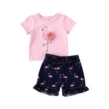 2020 Summer Toddler Kid Baby Girls Short Sleeve Flamingos Tops T Shirt Blue Bowknot Short Pants Outfit Clothes Set 2PCS 2024 - buy cheap