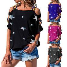 Camiseta con estampado de estrellas para mujer, Blusa de manga corta ahuecada con hombros descubiertos, ropa Sexy para mujer 2021 2024 - compra barato