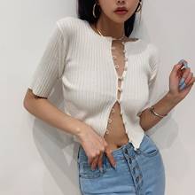 Fashion Knit Basic Crop Tops Womens O-Neck Short Sleeved T-shirt Solid Office Ladies Wild Casual Tee Shirts Cardigan 2024 - buy cheap