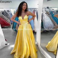 Sexy V Neck Satin Evening Dresses Spaghetti Strap Long Yellow Prom Dress Evening Gowns Party Graduation Dress Robe de soiree 2024 - buy cheap